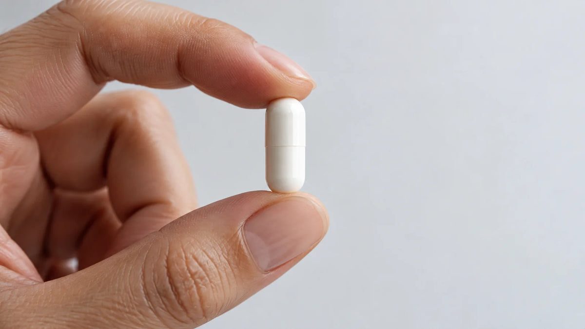 Hand holding a single white capsule, illustrating the idea of a pill to make cells younger