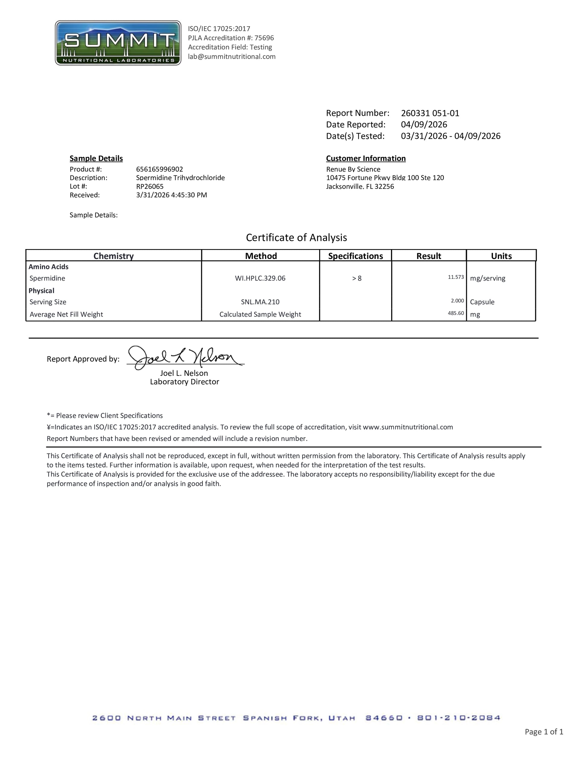 Summit Certificate of Analysis document with laboratory details and sample results.