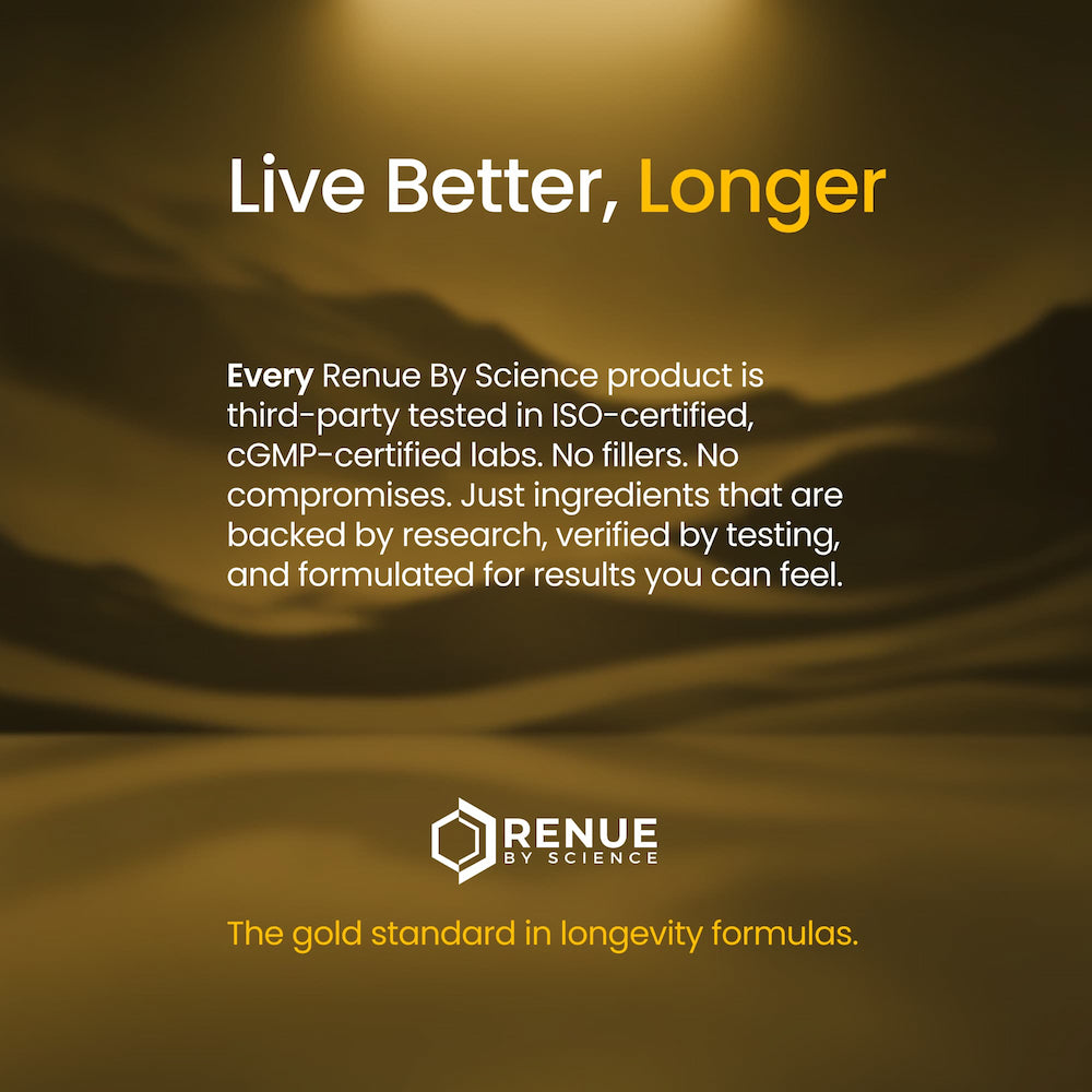 Promotional text for Renue by Science with a desert landscape background