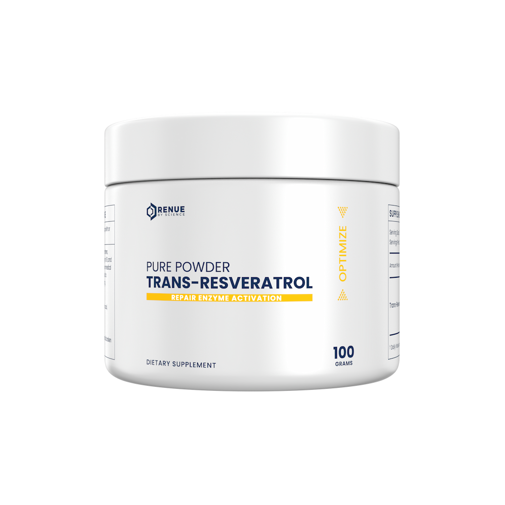 Dose of pure powder trans-resveratrol dietary supplement on a white background