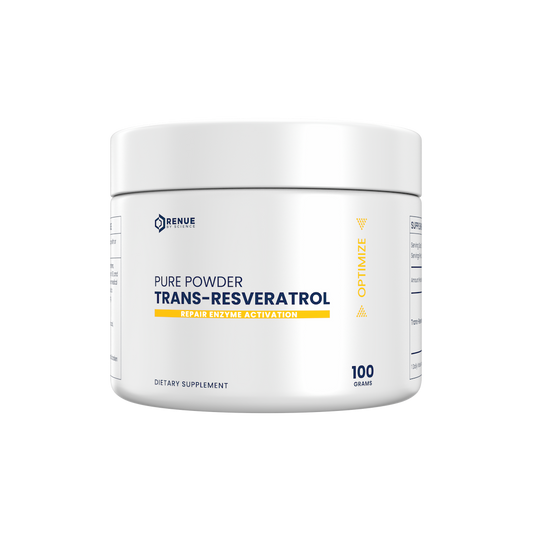 Dose of pure powder trans-resveratrol dietary supplement on a white background