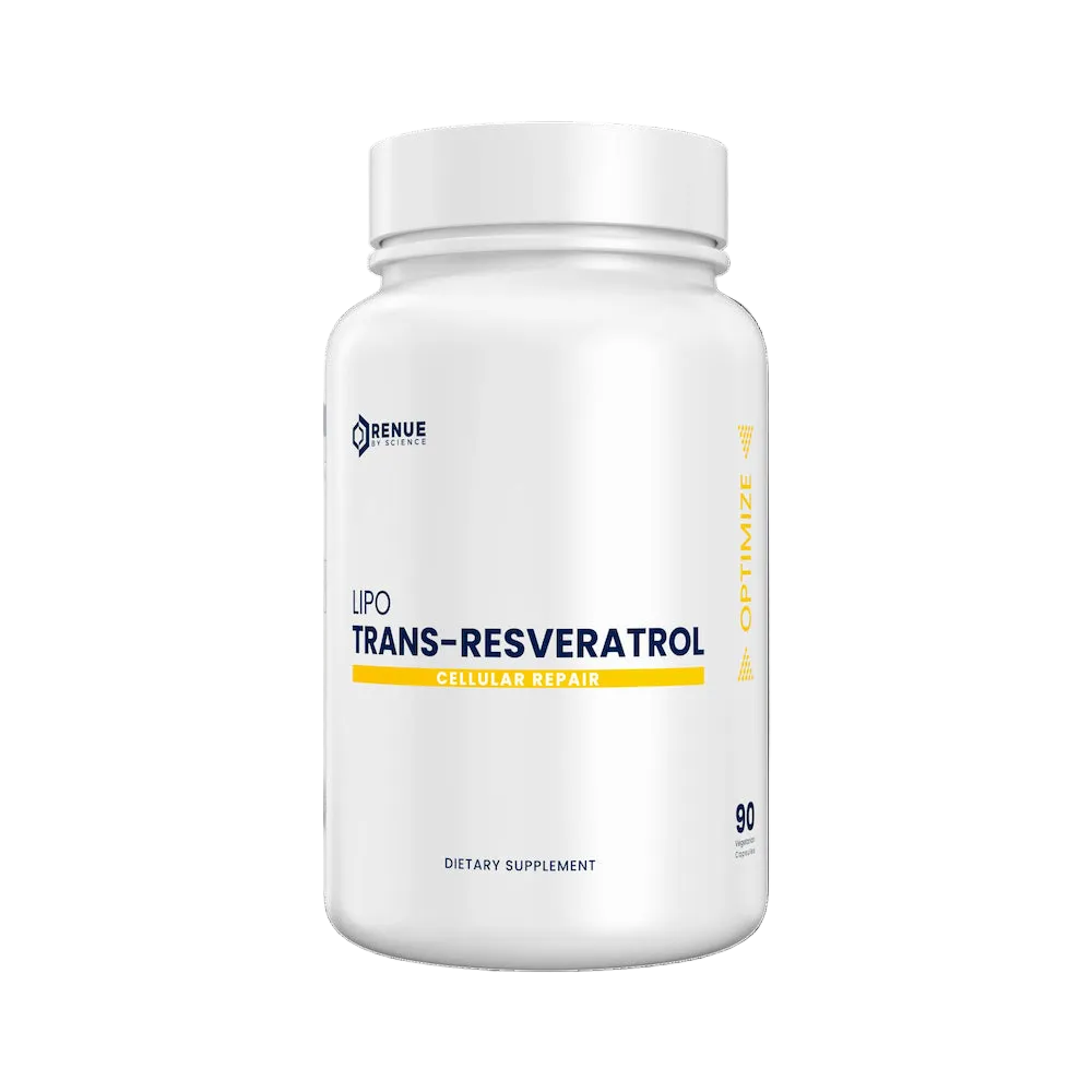 Supplement bottle labeled 'Lipo Trans-Resveratrol' on a white background